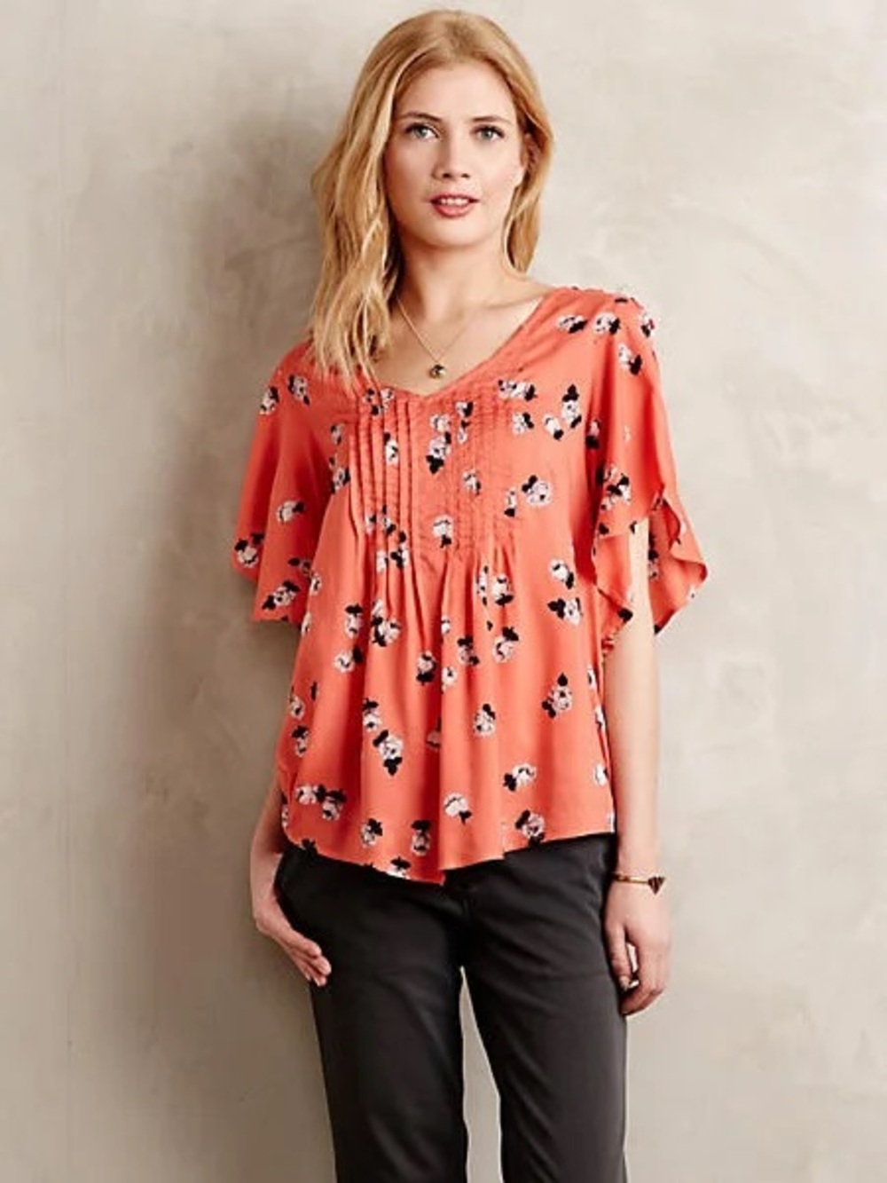 Anthropologie Mauve Women’s Coral Pink Floral Pintuck Flutter-Sleeve Blouse